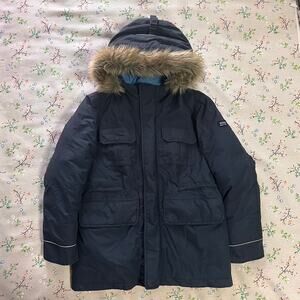 Aigle Goose Down Parka Winter Coat Faux Fur Hood Kids L 12-14 Blue Puffer Jacket